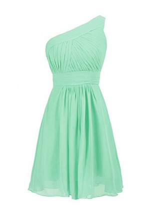 Mini One Shoulder Chiffon Ruched Knee Length Bridesmaid Dress With Folded Sash